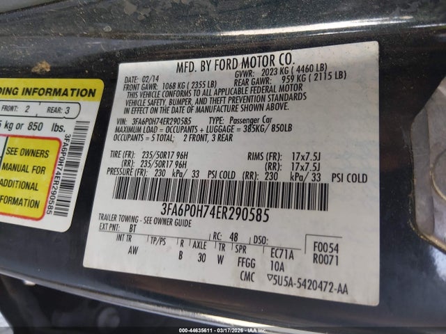 Ford FUSION SE 2014 3FA6P0H74ER290585 Image 9