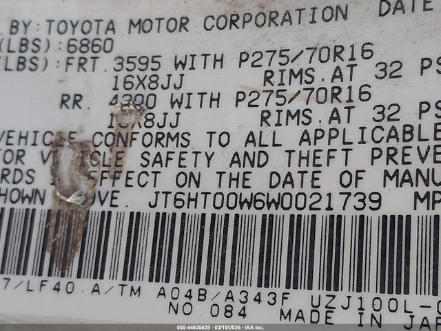 44635628 :رقم المزاد ، JT6HT00W6W0021739 vin ، 1998 Lexus Lx 470 مزاد بيع