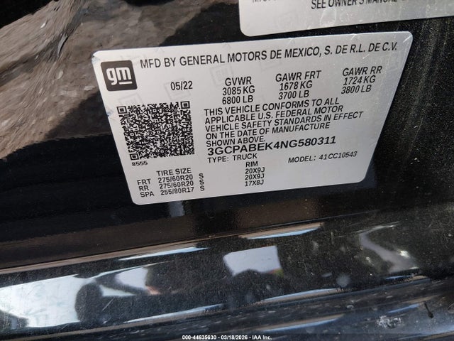 Aukcja sprzedaży 2022 Chevrolet Silverado 1500, vin: 3GCPABEK4NG580311, numer aukcji: 44635630