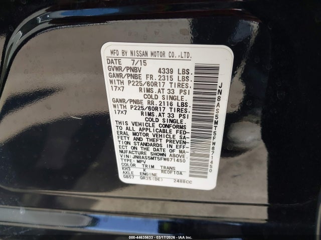 44635633 :رقم المزاد ، JN8AS5MT5FW671450 vin ، 2015 Nissan Rogue Select S مزاد بيع