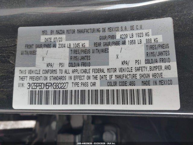 Aukcja sprzedaży 2023 Mazda Mazda3 2.5 S Premium, vin: 3MZBPBDM5PM380227, numer aukcji: 44635636