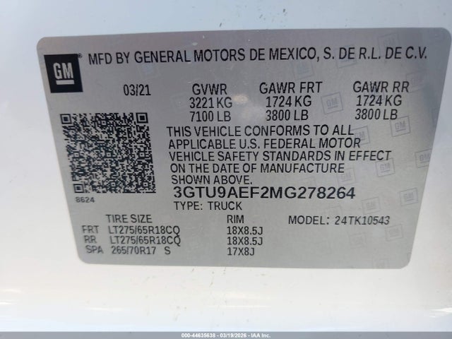 44635638 :رقم المزاد ، 3GTU9AEF2MG278264 vin ، 2021 Gmc Sierra 1500 4wd  Short Box مزاد بيع