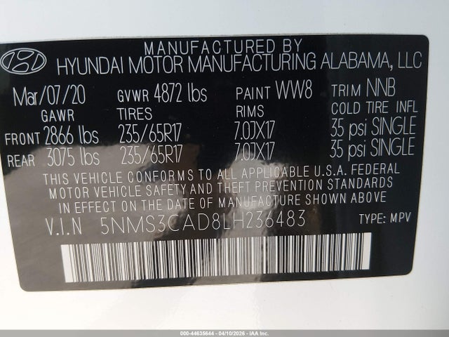 2020 Hyundai Santa Fe Sel მანქანა იყიდება აუქციონზე, vin: 5NMS3CAD8LH236483, აუქციონის ნომერი: 44635644
