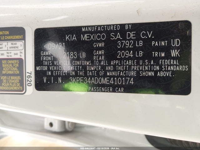 Продажа на аукционе авто 2021 Kia Forte Gt-line, vin: 3KPF34AD0ME410174, номер лота: 44635647