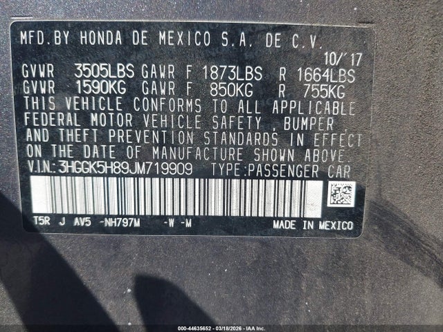 3HGGK5H89JM719909 Honda FIT EX
