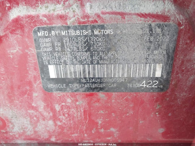 Aukcja sprzedaży 2022 Mitsubishi Mirage Es/le, vin: ML32AUHJ0NH005947, numer aukcji: 44635654