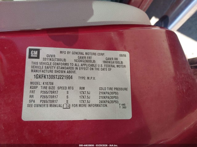 2007 Gmc Yukon Slt მანქანა იყიდება აუქციონზე, vin: 1GKFK13097J221904, აუქციონის ნომერი: 44635656