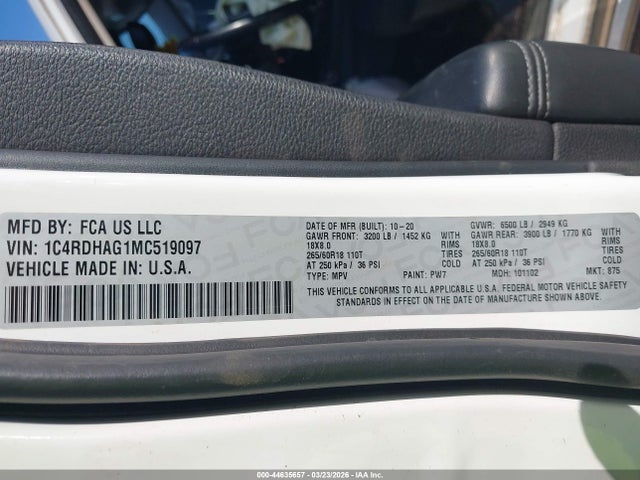 44635657 :رقم المزاد ، 1C4RDHAG1MC519097 vin ، 2021 Dodge Durango Sxt Rwd مزاد بيع