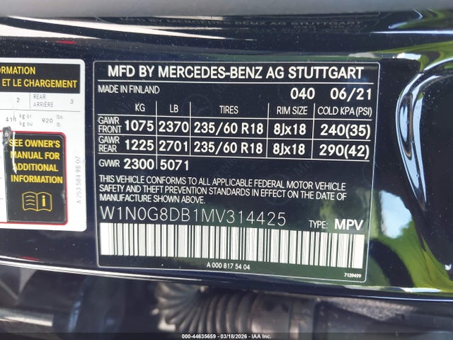 W1N0G8DB1MV314425 Mercedes-Benz Glc 300 Suv