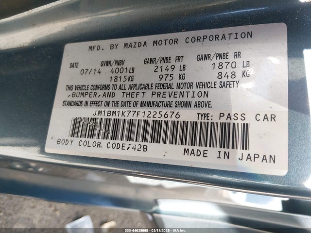 44635669 :رقم المزاد ، JM1BM1K77F1225676 vin ، 2015 Mazda Mazda3 I Sport مزاد بيع