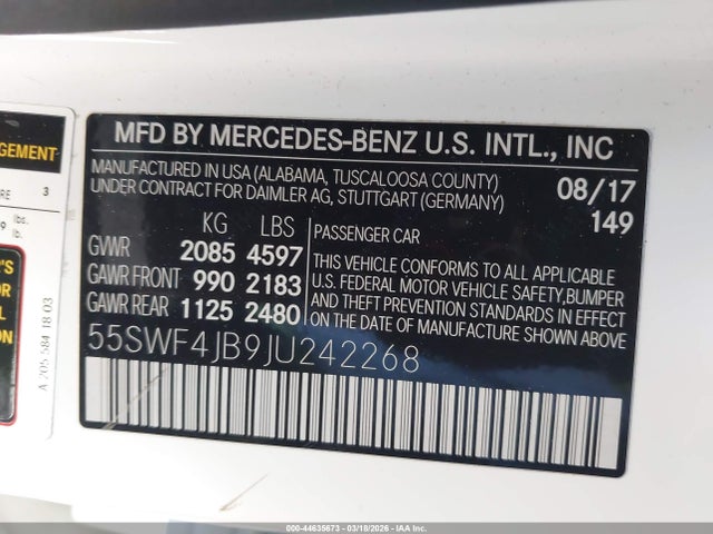 Aukcja sprzedaży 2018 Mercedes-benz C 300, vin: 55SWF4JB9JU242268, numer aukcji: 44635673