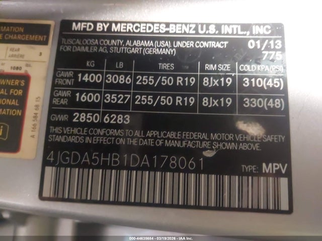 2013 Mercedes-benz Ml 350 4matic მანქანა იყიდება აუქციონზე, vin: 4JGDA5HB1DA178061, აუქციონის ნომერი: 44635684