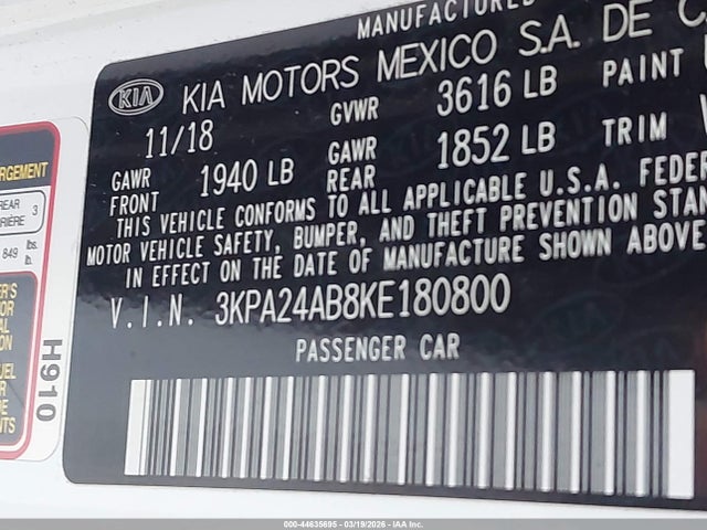 Продажа на аукционе авто 2019 Kia Rio S, vin: 3KPA24AB8KE180800, номер лота: 44635695