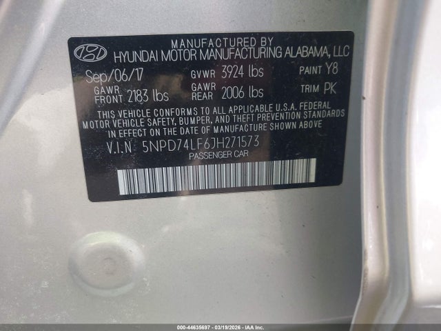 Продажа на аукционе авто 2018 Hyundai Elantra Se, vin: 5NPD74LF6JH271573, номер лота: 44635697