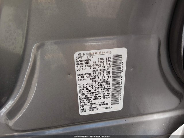 2012 Nissan Murano Le მანქანა იყიდება აუქციონზე, vin: JN8AZ1MWXCW229628, აუქციონის ნომერი: 44635708