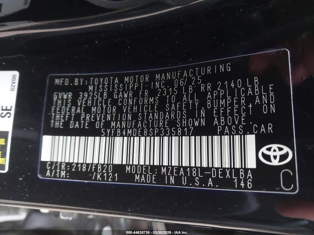 44635738 :رقم المزاد ، 5YFB4MDE8SP335817 vin ، 2025 Toyota Corolla Le مزاد بيع