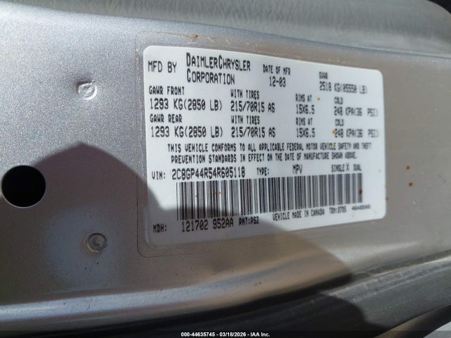 Aukcja sprzedaży 2004 Chrysler Town & Country Lx, vin: 2C8GP44R54R605118, numer aukcji: 44635745