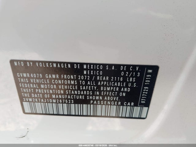 Aukcja sprzedaży 2013 Volkswagen Jetta 2.0l S, vin: 3VW2K7AJ1DM267523, numer aukcji: 44635746