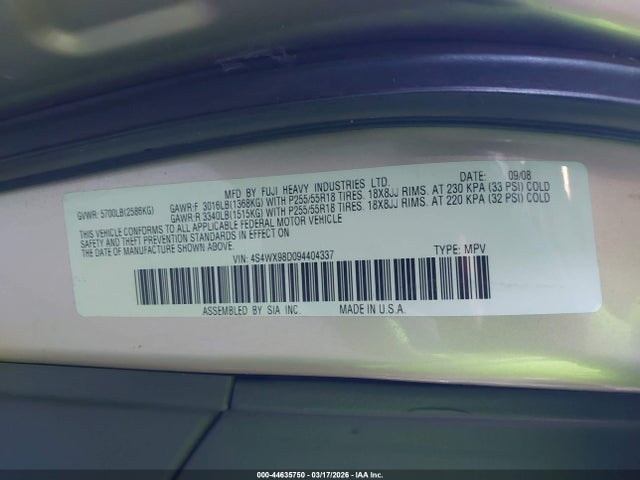Aukcja sprzedaży 2009 Subaru Tribeca Limited 7-passenger, vin: 4S4WX98D094404337, numer aukcji: 44635750