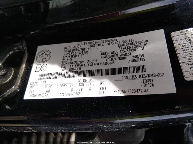 Aukcja sprzedaży 2017 Ford F-150 Lariat, vin: 1FTEW1EG8HKE30665, numer aukcji: 44635754