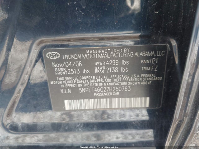 44635755 :رقم المزاد ، 5NPET46C27H250763 vin ، 2007 Hyundai Sonata Gls مزاد بيع