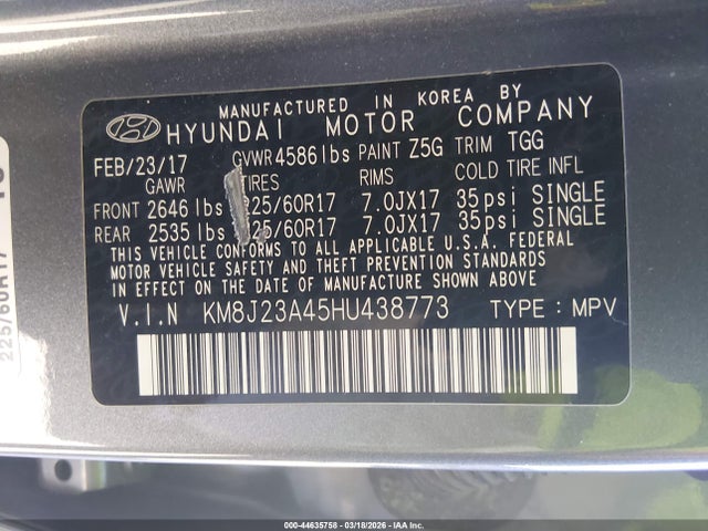 2017 Hyundai Tucson Se მანქანა იყიდება აუქციონზე, vin: KM8J23A45HU438773, აუქციონის ნომერი: 44635758
