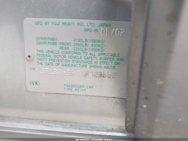 44635763 :رقم المزاد ، JF1SG656X3H723662 vin ، 2003 Subaru Forester Xs مزاد بيع