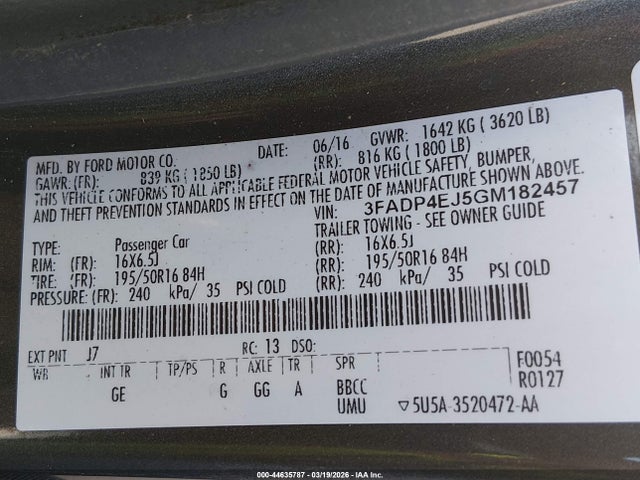 Auction sale of the 2016 Ford Fiesta Se, vin: 3FADP4EJ5GM182457, lot number: 44635787