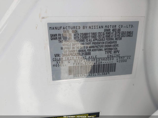 Продаж на аукціоні авто 2025 Nissan Kicks Sv Fwd, vin: 3N8AP6CA2SL313889, номер лоту: 44635801
