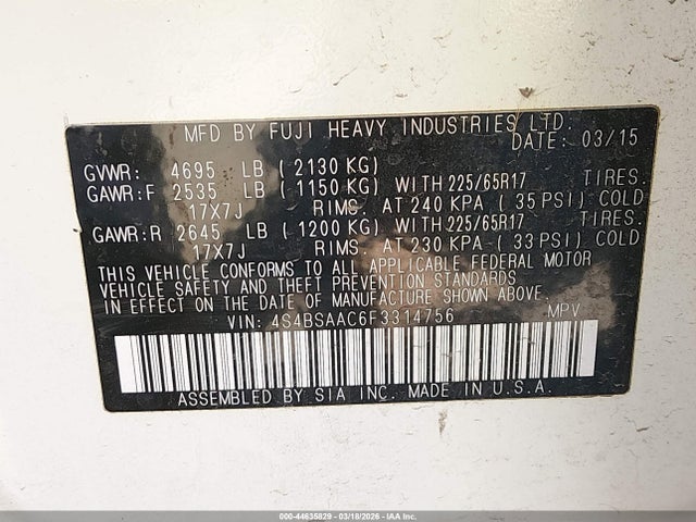 4S4BSAAC6F3314756 Subaru Outback 2.5i