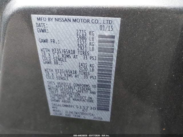 Aukcja sprzedaży 2015 Infiniti Qx60, vin: 5N1AL0MM8FC515730, numer aukcji: 44635838