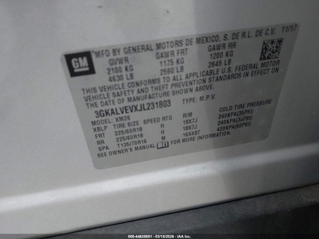Продажа на аукционе авто 2018 Gmc Terrain Slt, vin: 3GKALVEVXJL231803, номер лота: 44635851