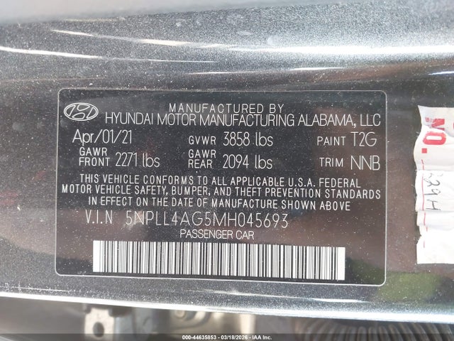 44635853 :رقم المزاد ، 5NPLL4AG5MH045693 vin ، 2021 Hyundai Elantra Se مزاد بيع