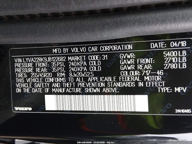 LYVA22RK9JB122682 Volvo Xc60 T6 Momentum