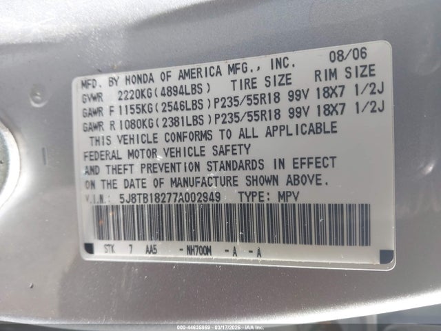 44635869 :رقم المزاد ، 5J8TB18277A002949 vin ، 2007 Acura Rdx مزاد بيع