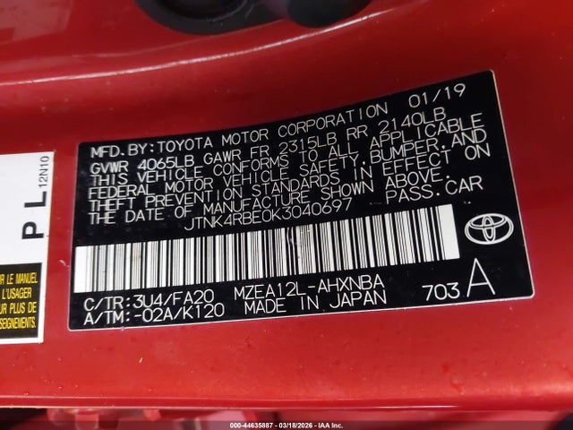 JTNK4RBE0K3040697 Toyota COROLLA SE