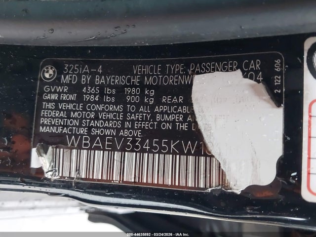 Aukcja sprzedaży 2005 Bmw 325i, vin: WBAEV33455KW18110, numer aukcji: 44635892