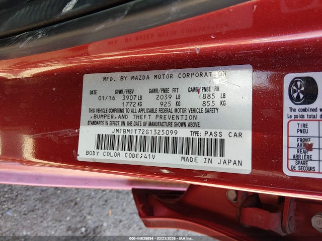Aukcja sprzedaży 2016 Mazda Mazda3 I Sport, vin: JM1BM1T72G1325099, numer aukcji: 44635894