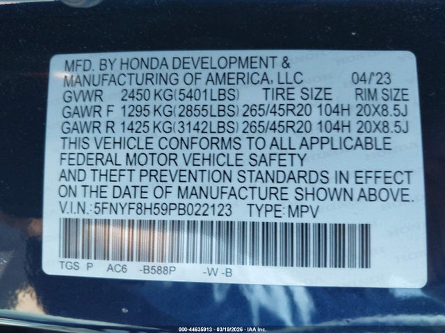 5FNYF8H59PB022123 Honda Passport Awd Ex-l