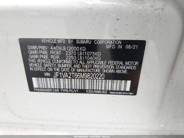 Продаж на аукціоні авто 2021 Subaru Wrx Sti Limited, vin: JF1VA2T66M9820220, номер лоту: 44635936