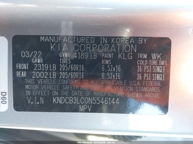 KNDCB3LC0N5546144 KIA Niro Lxs Se