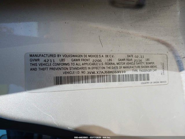Aukcja sprzedaży 2011 Volkswagen Jetta 2.5l Sel, vin: 3VWLX7AJ5BM359110, numer aukcji: 44635951