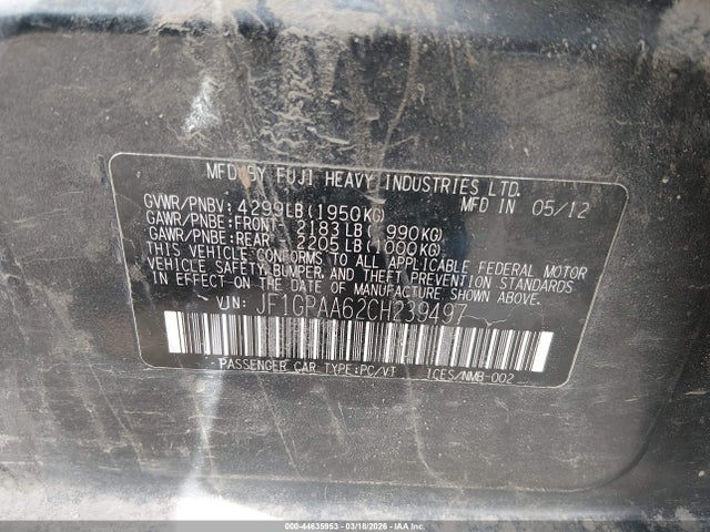 44635953 :رقم المزاد ، JF1GPAA62CH239497 vin ، 2012 Subaru Impreza 2.0i مزاد بيع