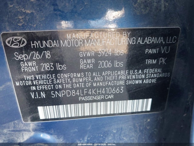 5NPD84LF4KH410663 Hyundai Elantra Value Edition