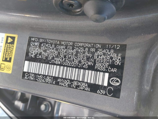 Aukcja sprzedaży 2013 Lexus Es 300h, vin: JTHBW1GG0D2013145, numer aukcji: 44635969