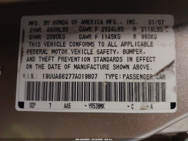 2007 ACURA TL 19UUA66277A019807 Photo 8