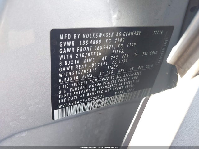 WVGAV7AX6HK020078 Volkswagen Tiguan 2.0t/2.0t S