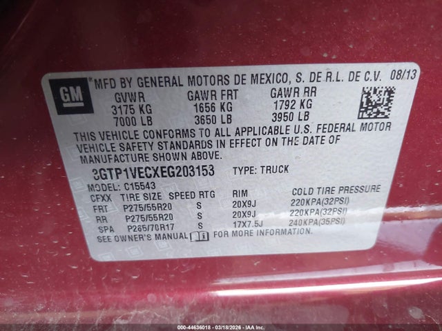 44636018 :رقم المزاد ، 3GTP1VECXEG203153 vin ، 2014 Gmc Sierra 1500 Slt مزاد بيع