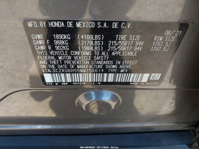 3CZRU6H55MM756614 Honda Hr-v Awd Ex