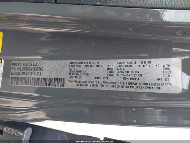 2021 Jeep Gladiator Rubicon 4x4 მანქანა იყიდება აუქციონზე, vin: 1C6JJTBG0ML613762, აუქციონის ნომერი: 44636028